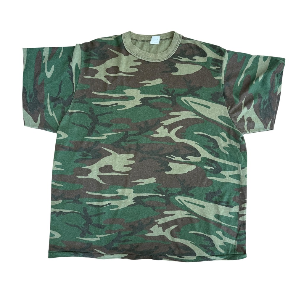 Vintage 80s Camo T-Shirt Military PFU PE Faded Single Stitch L Green Camouflage